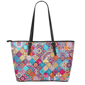 Ethnic Bohemian Mandala Pattern Print Leather Tote Bag