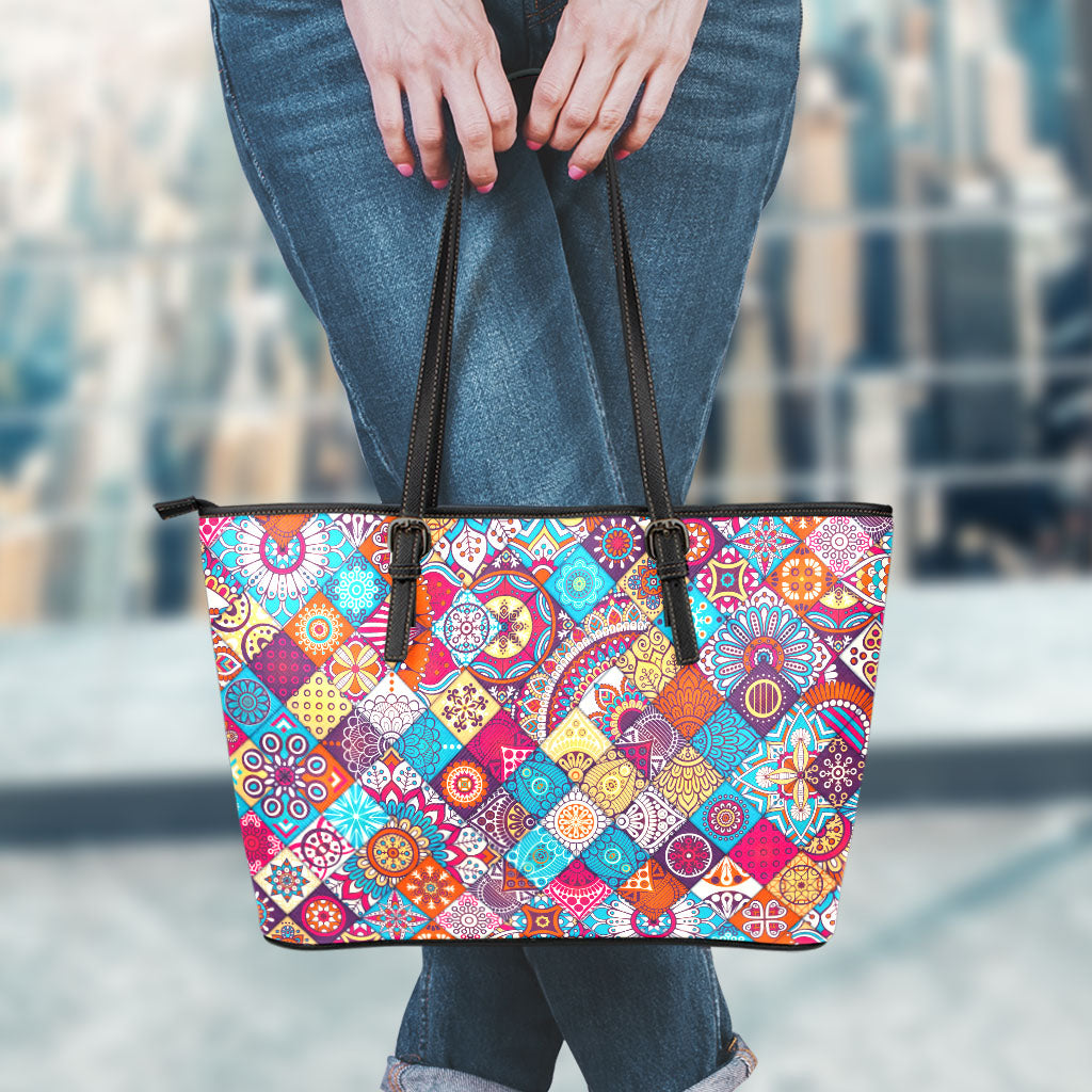 Ethnic Bohemian Mandala Pattern Print Leather Tote Bag