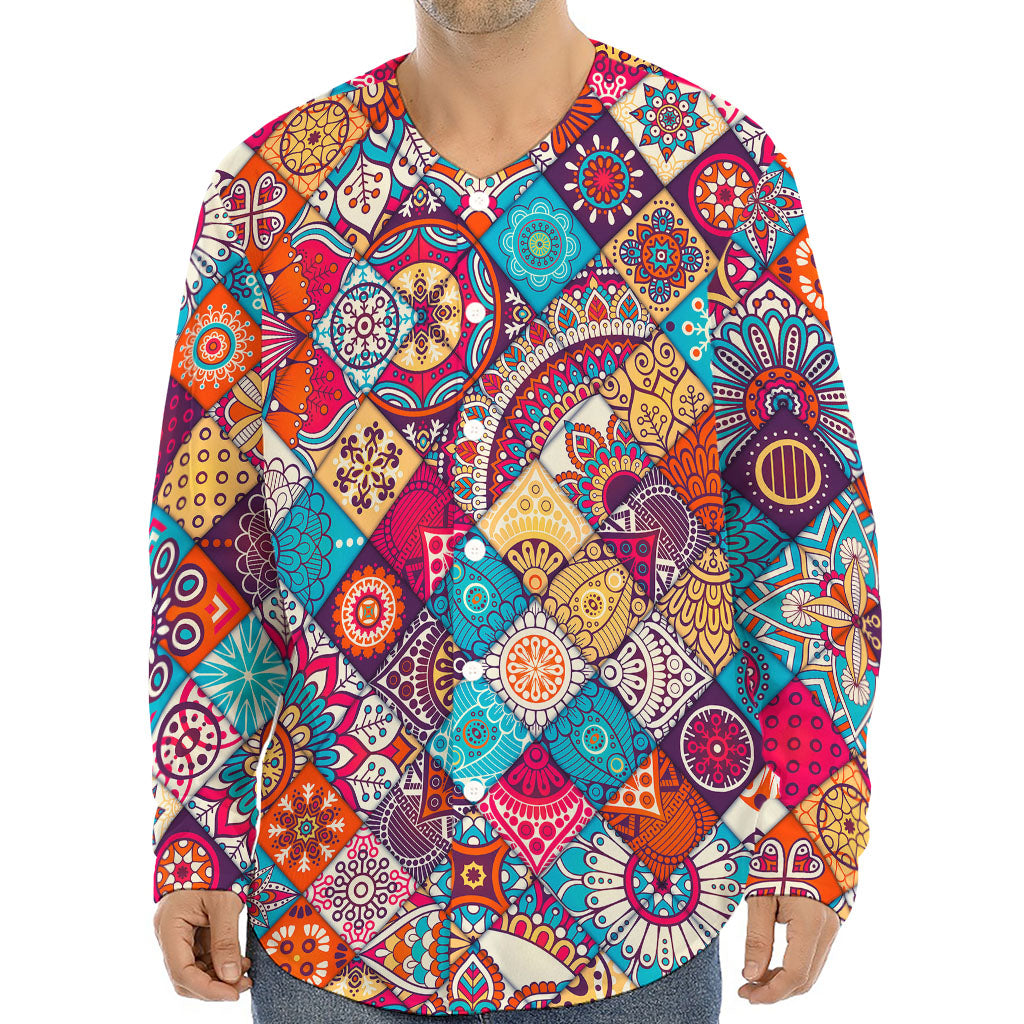 Ethnic Bohemian Mandala Pattern Print Long Sleeve Baseball Jersey
