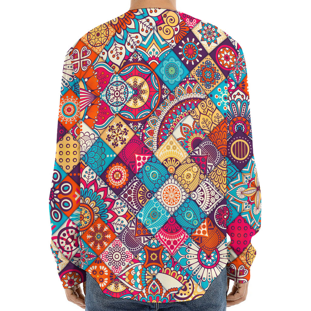 Ethnic Bohemian Mandala Pattern Print Long Sleeve Baseball Jersey