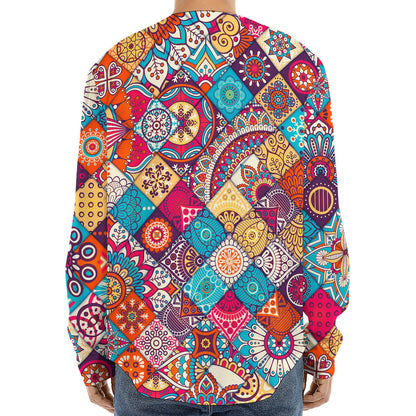 Ethnic Bohemian Mandala Pattern Print Long Sleeve Baseball Jersey