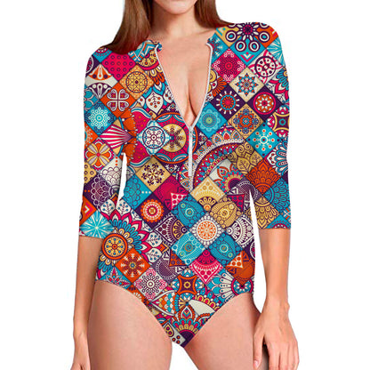 Ethnic Bohemian Mandala Pattern Print Long Sleeve Swimsuit