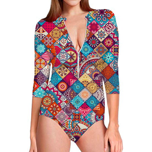 Ethnic Bohemian Mandala Pattern Print Long Sleeve Swimsuit