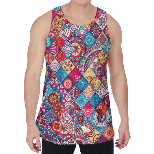 Ethnic Bohemian Mandala Pattern Print Men's Velvet Tank Top