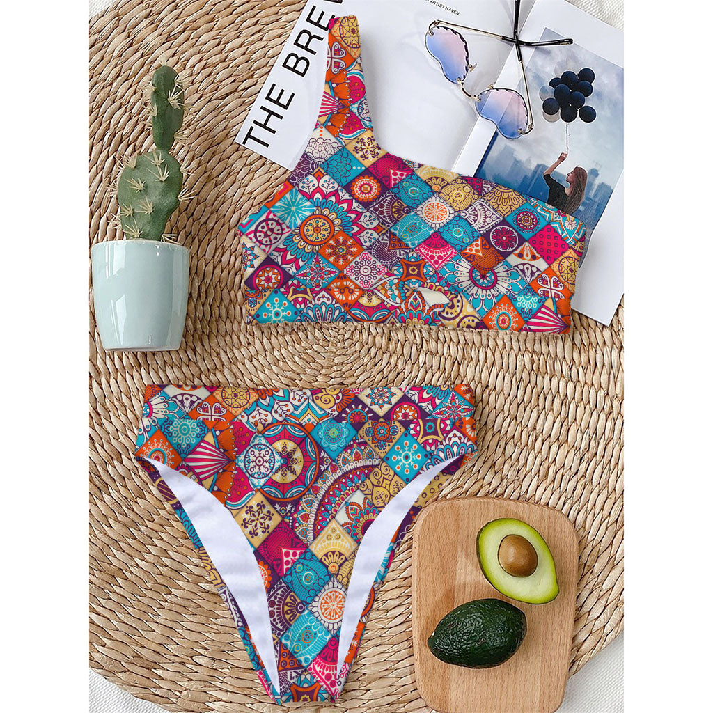 Ethnic Bohemian Mandala Pattern Print One Shoulder Bikini Top