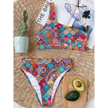 Ethnic Bohemian Mandala Pattern Print One Shoulder Bikini Top