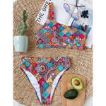 Ethnic Bohemian Mandala Pattern Print One Shoulder Bikini Top