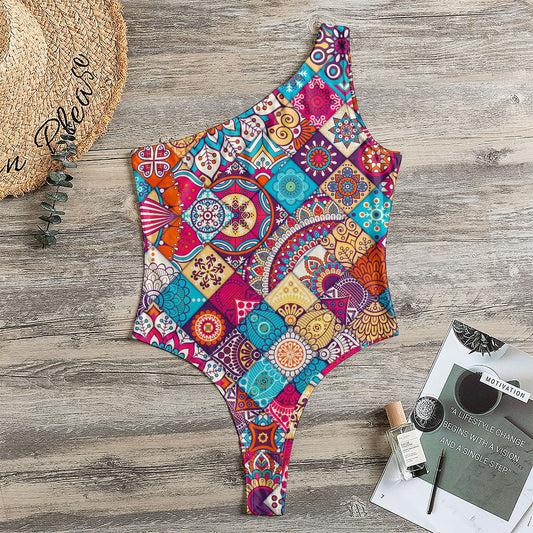Ethnic Bohemian Mandala Pattern Print One Shoulder Bodysuit