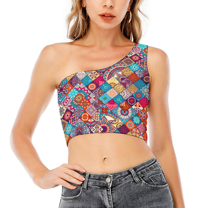 Ethnic Bohemian Mandala Pattern Print One Shoulder Crop Top