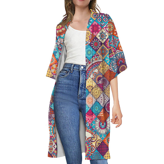 Ethnic Bohemian Mandala Pattern Print Open Front Beach Cover Up