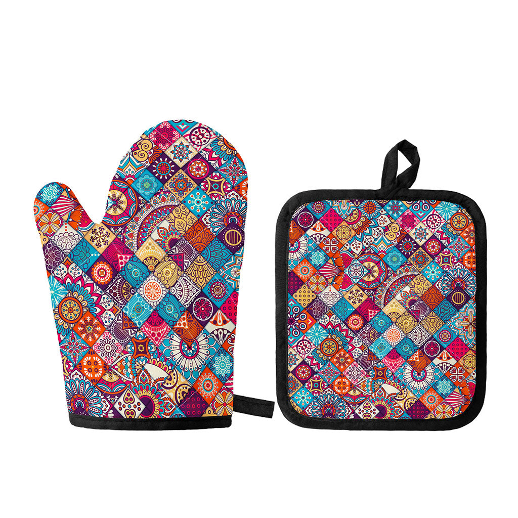 Ethnic Bohemian Mandala Pattern Print Oven Mitt And Pot Holder Set