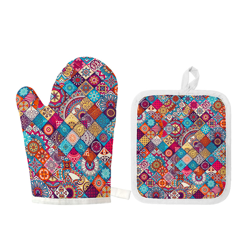 Ethnic Bohemian Mandala Pattern Print Oven Mitt And Pot Holder Set