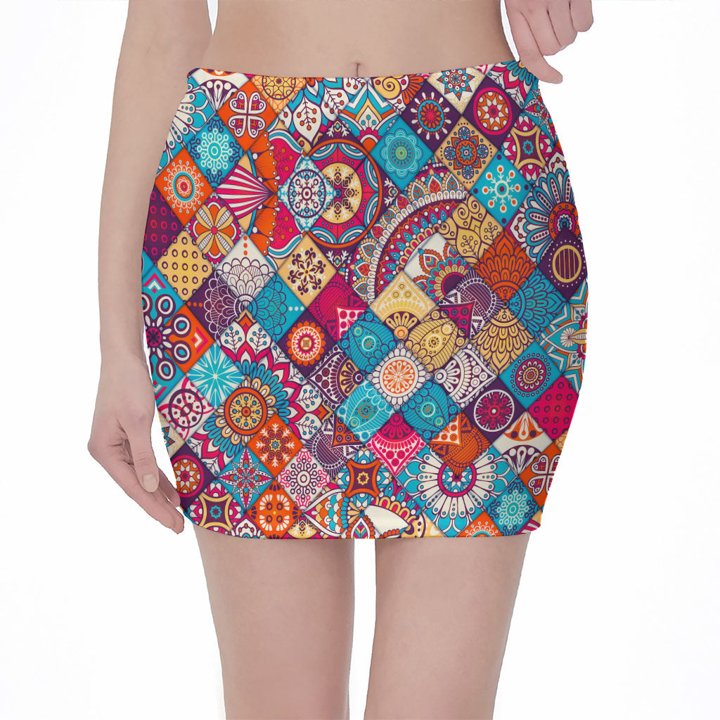 Ethnic Bohemian Mandala Pattern Print Pencil Mini Skirt