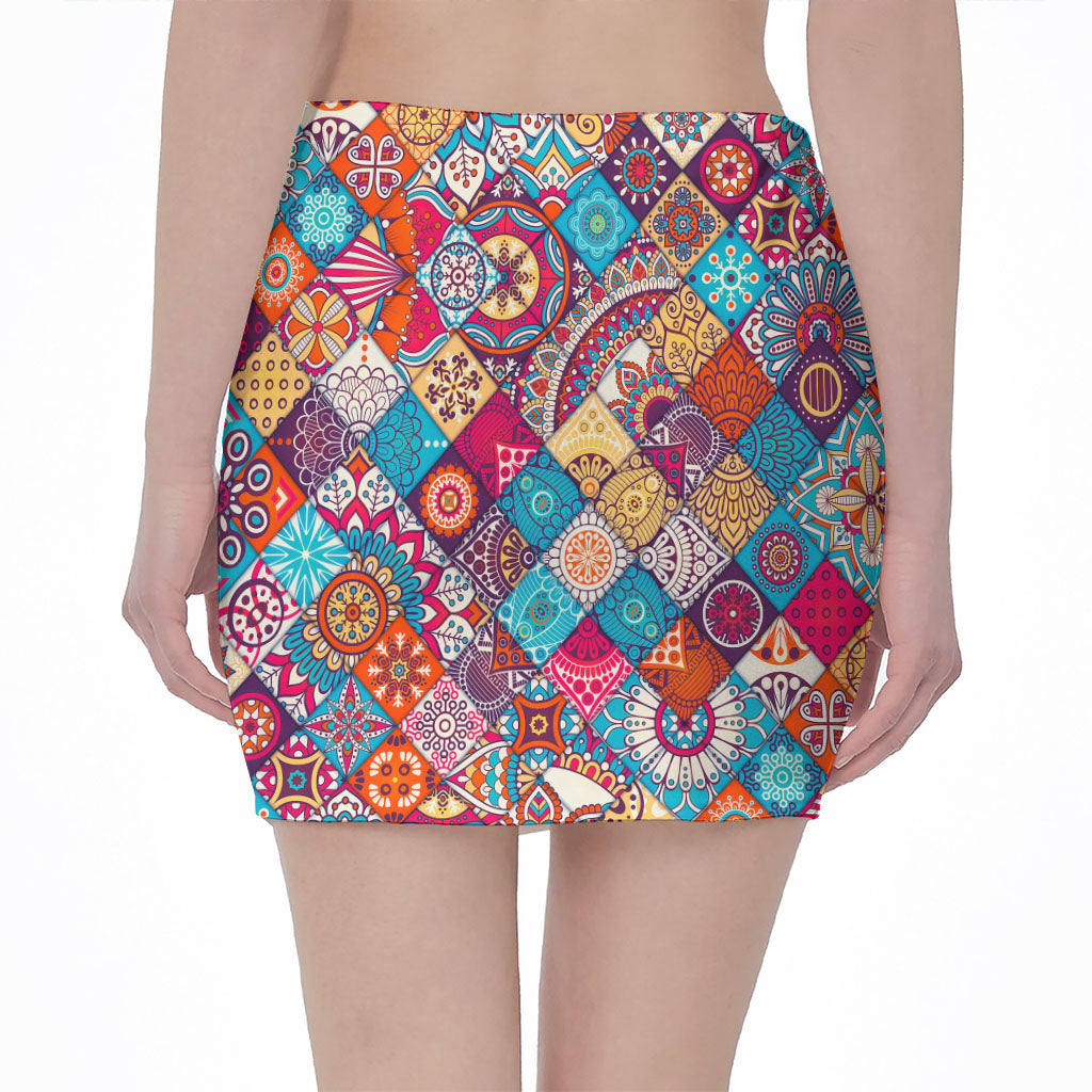 Ethnic Bohemian Mandala Pattern Print Pencil Mini Skirt