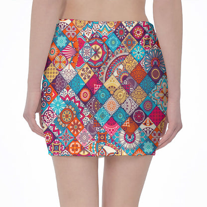 Ethnic Bohemian Mandala Pattern Print Pencil Mini Skirt