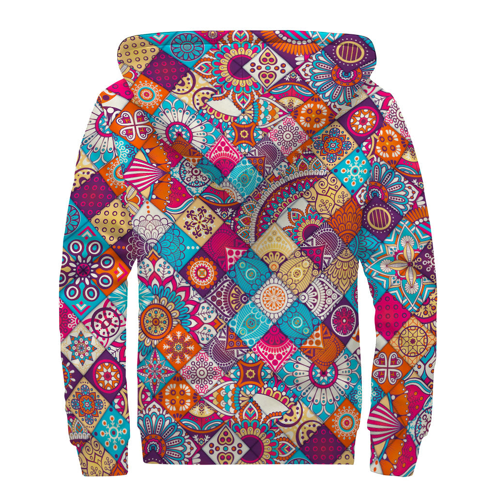 Ethnic Bohemian Mandala Pattern Print Sherpa Lined Zip Up Hoodie