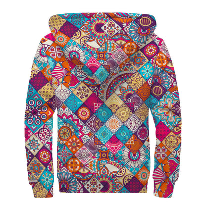 Ethnic Bohemian Mandala Pattern Print Sherpa Lined Zip Up Hoodie