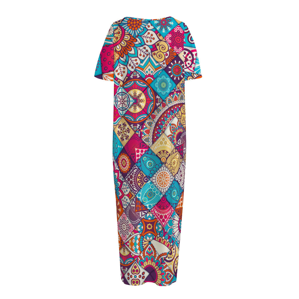 Ethnic Bohemian Mandala Pattern Print Short Sleeve Long Nightdress