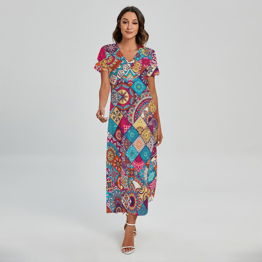 Ethnic Bohemian Mandala Pattern Print Short Sleeve Maxi Dress