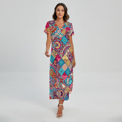 Ethnic Bohemian Mandala Pattern Print Short Sleeve Maxi Dress