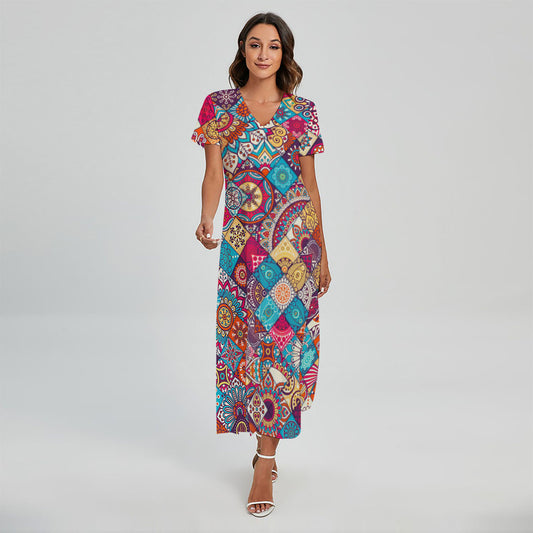 Ethnic Bohemian Mandala Pattern Print Short Sleeve Maxi Dress