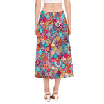 Ethnic Bohemian Mandala Pattern Print Side Slit Midi Skirt