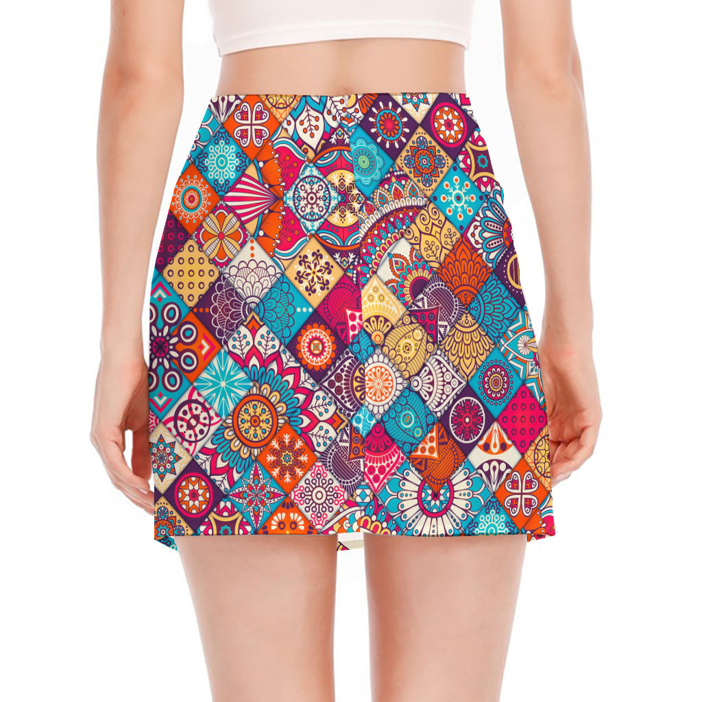 Ethnic Bohemian Mandala Pattern Print Side Slit Mini Skirt