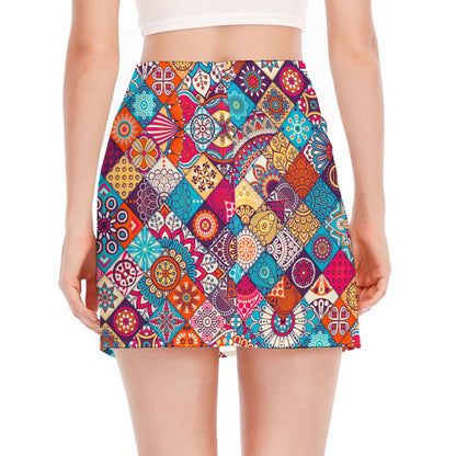 Ethnic Bohemian Mandala Pattern Print Side Slit Mini Skirt