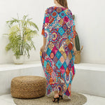 Ethnic Bohemian Mandala Pattern Print Silk V-Neck Kaftan Dress