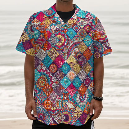 Ethnic Bohemian Mandala Pattern Print Textured Short Sleeve Shirt