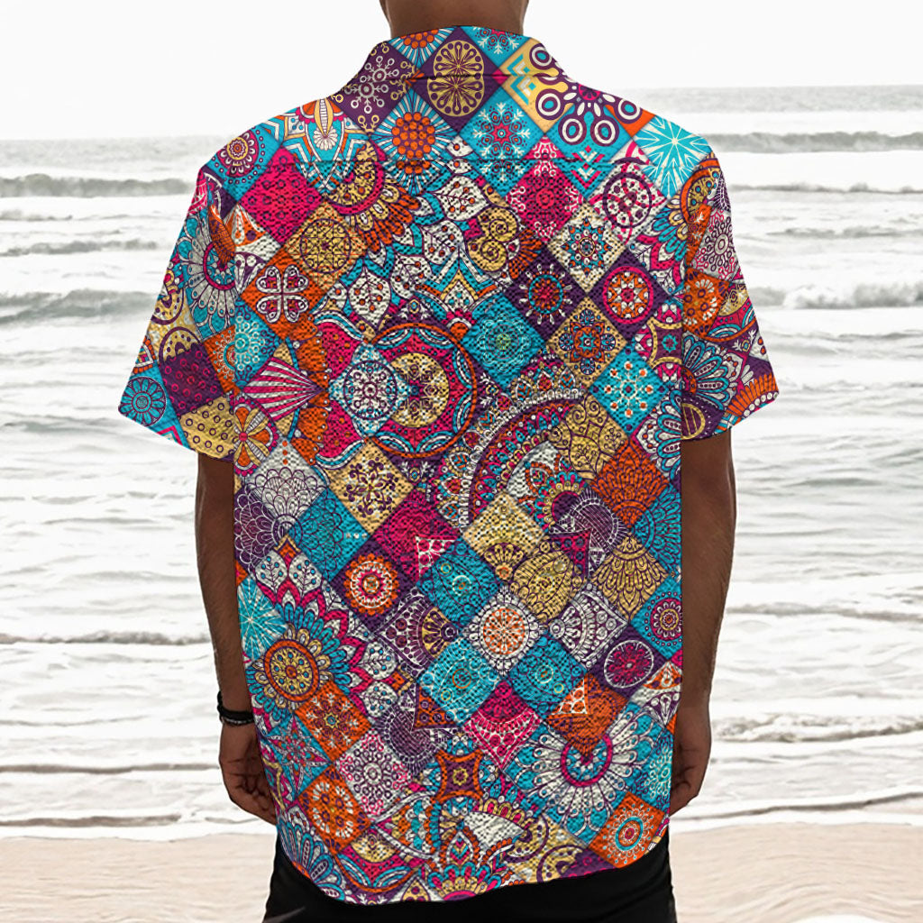 Ethnic Bohemian Mandala Pattern Print Textured Short Sleeve Shirt