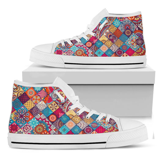 Ethnic Bohemian Mandala Pattern Print White High Top Sneakers