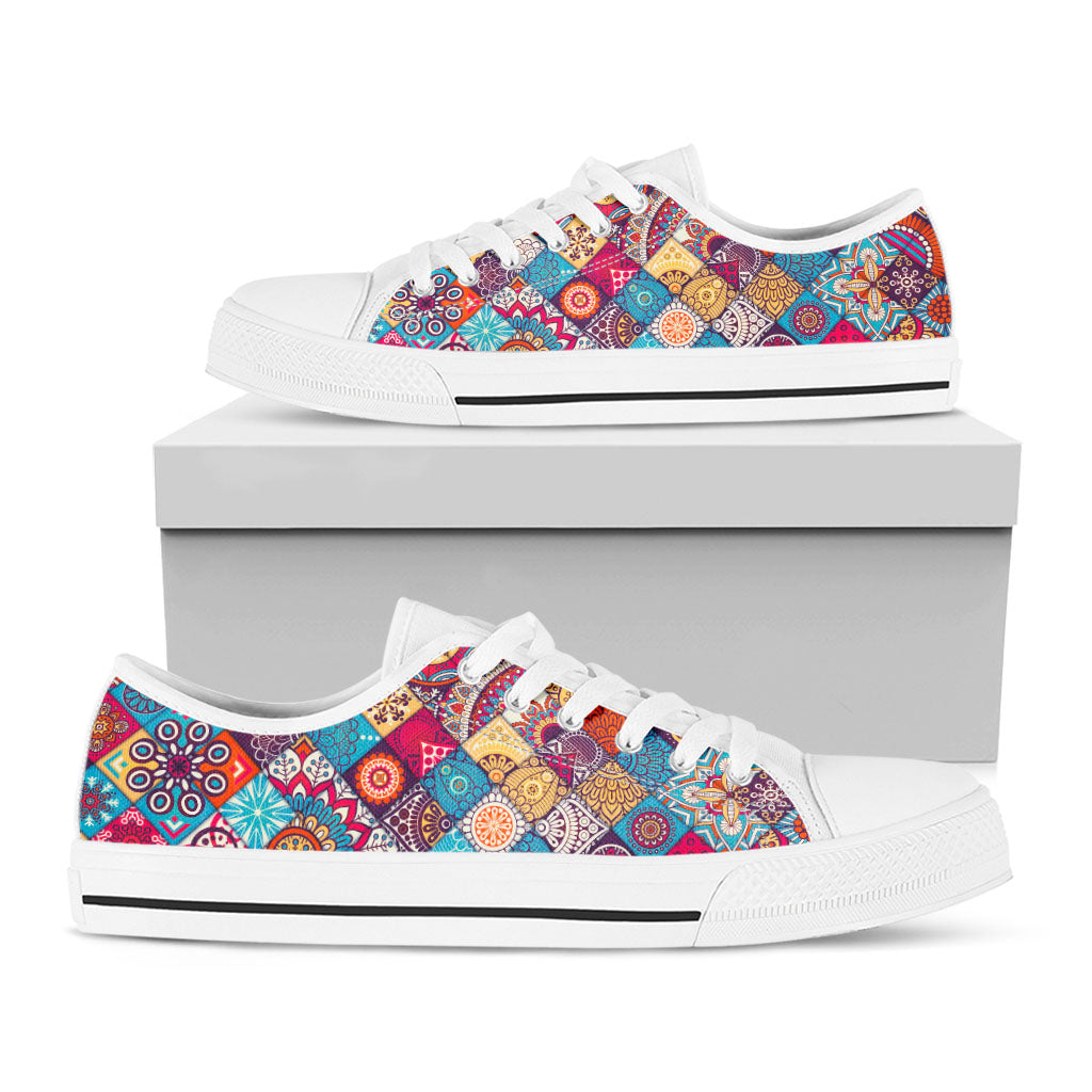 Ethnic Bohemian Mandala Pattern Print White Low Top Sneakers