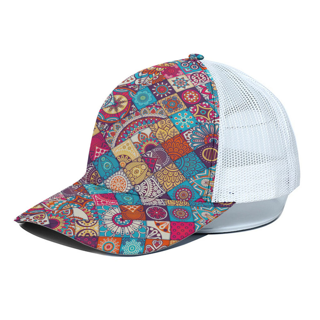 Ethnic Bohemian Mandala Pattern Print White Mesh Trucker Cap