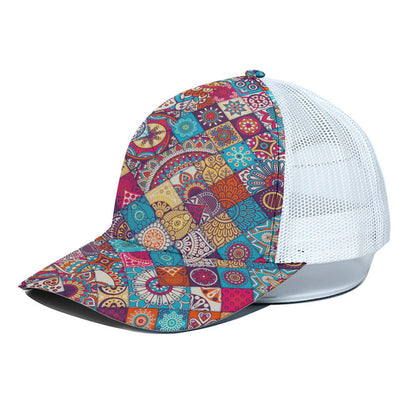 Ethnic Bohemian Mandala Pattern Print White Mesh Trucker Cap