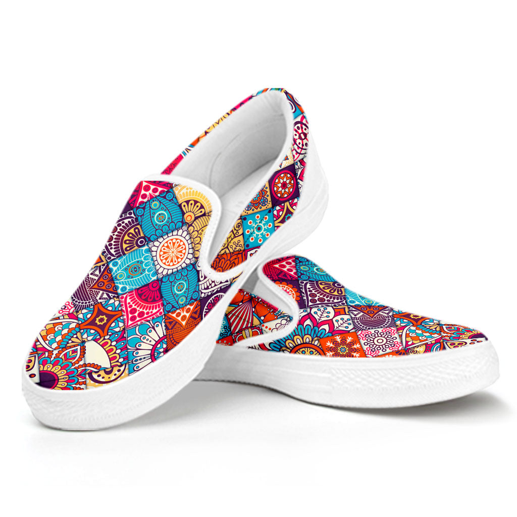 Ethnic Bohemian Mandala Pattern Print White Slip On Sneakers