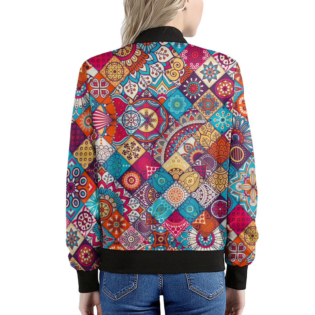 Ethnic Bohemian Mandala Pattern Print Women's Bomber Jacket