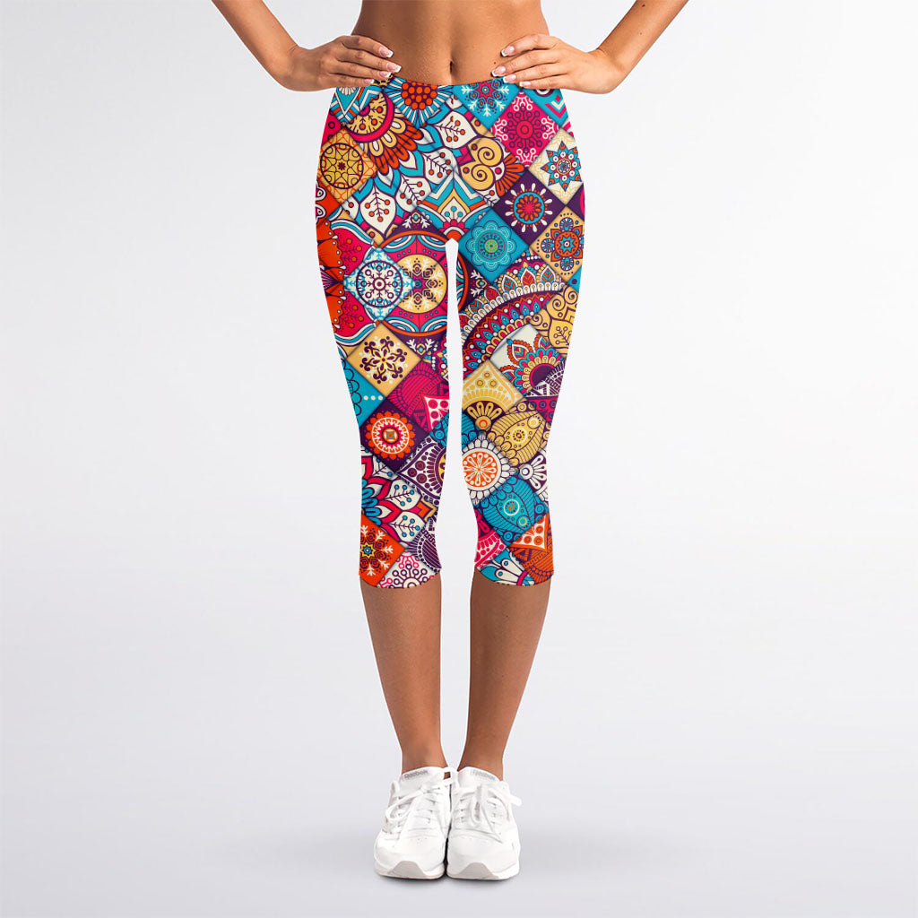 Ethnic Bohemian Mandala Pattern Print Women's Capri Leggings