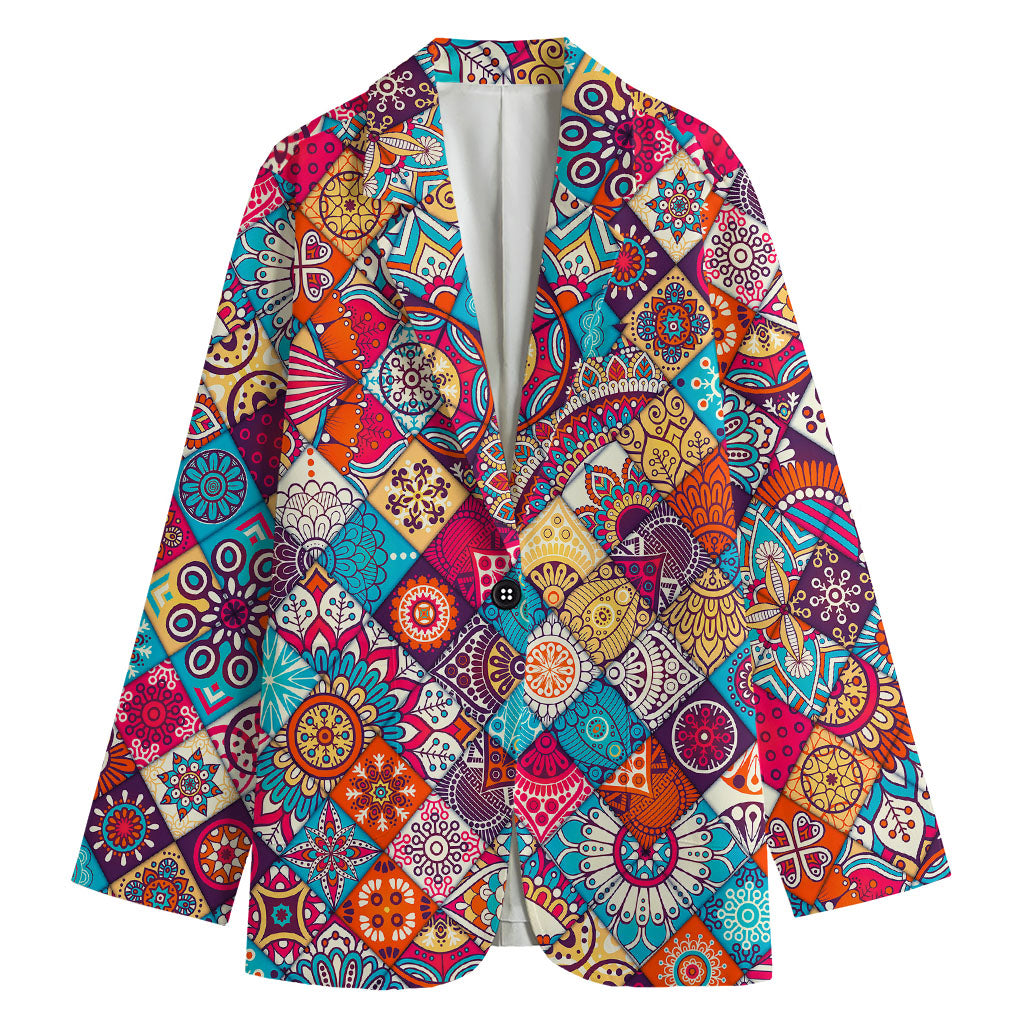 Ethnic Bohemian Mandala Pattern Print Women's Cotton Blazer