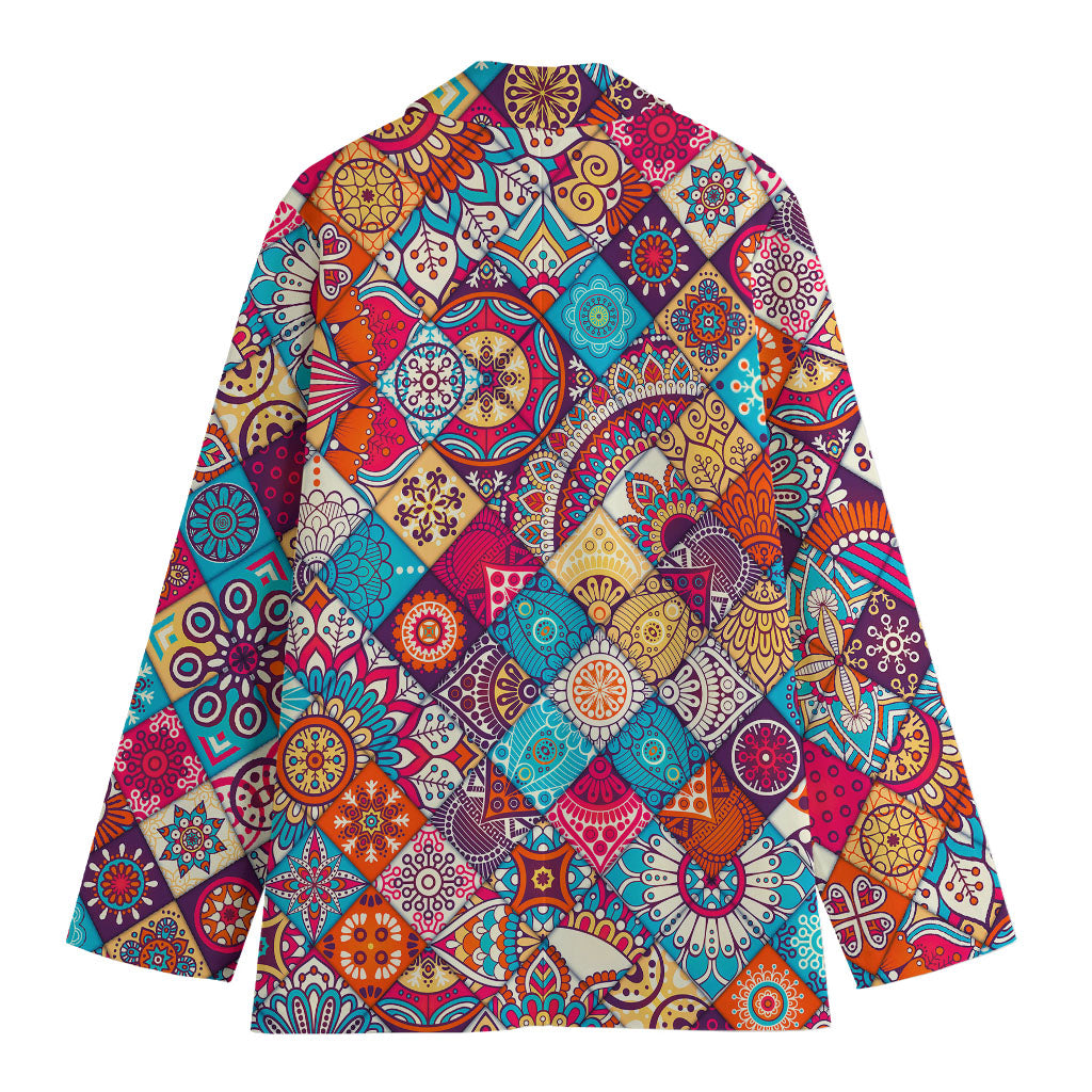 Ethnic Bohemian Mandala Pattern Print Women's Cotton Blazer