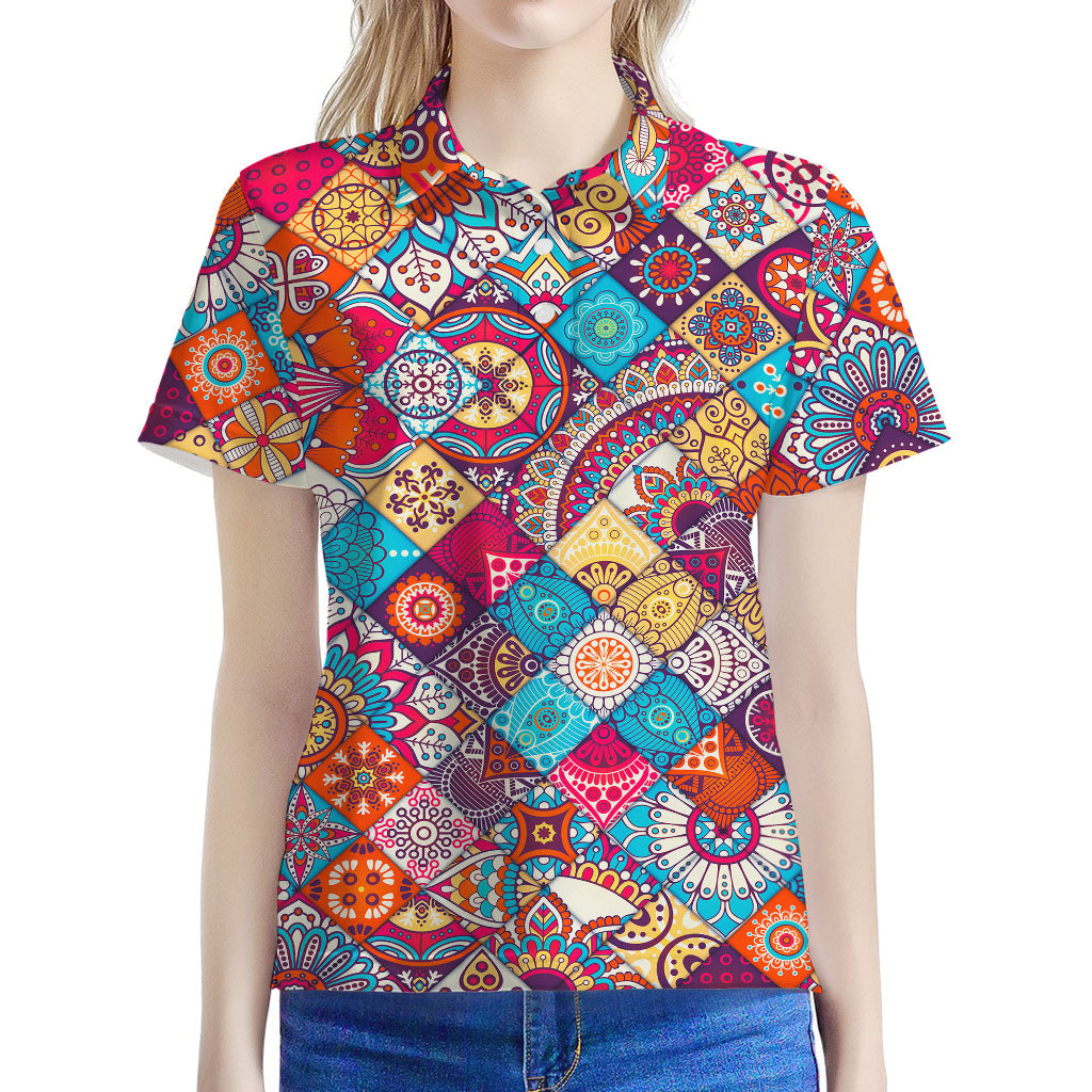 Ethnic Bohemian Mandala Pattern Print Women's Polo Shirt