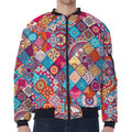 Ethnic Bohemian Mandala Pattern Print Zip Sleeve Bomber Jacket