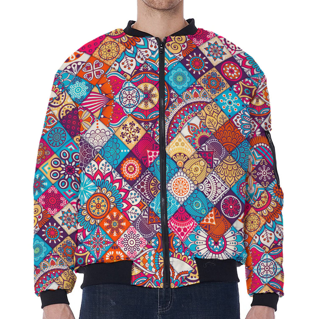 Ethnic Bohemian Mandala Pattern Print Zip Sleeve Bomber Jacket