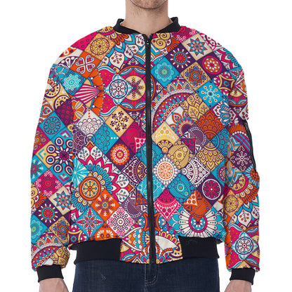 Ethnic Bohemian Mandala Pattern Print Zip Sleeve Bomber Jacket