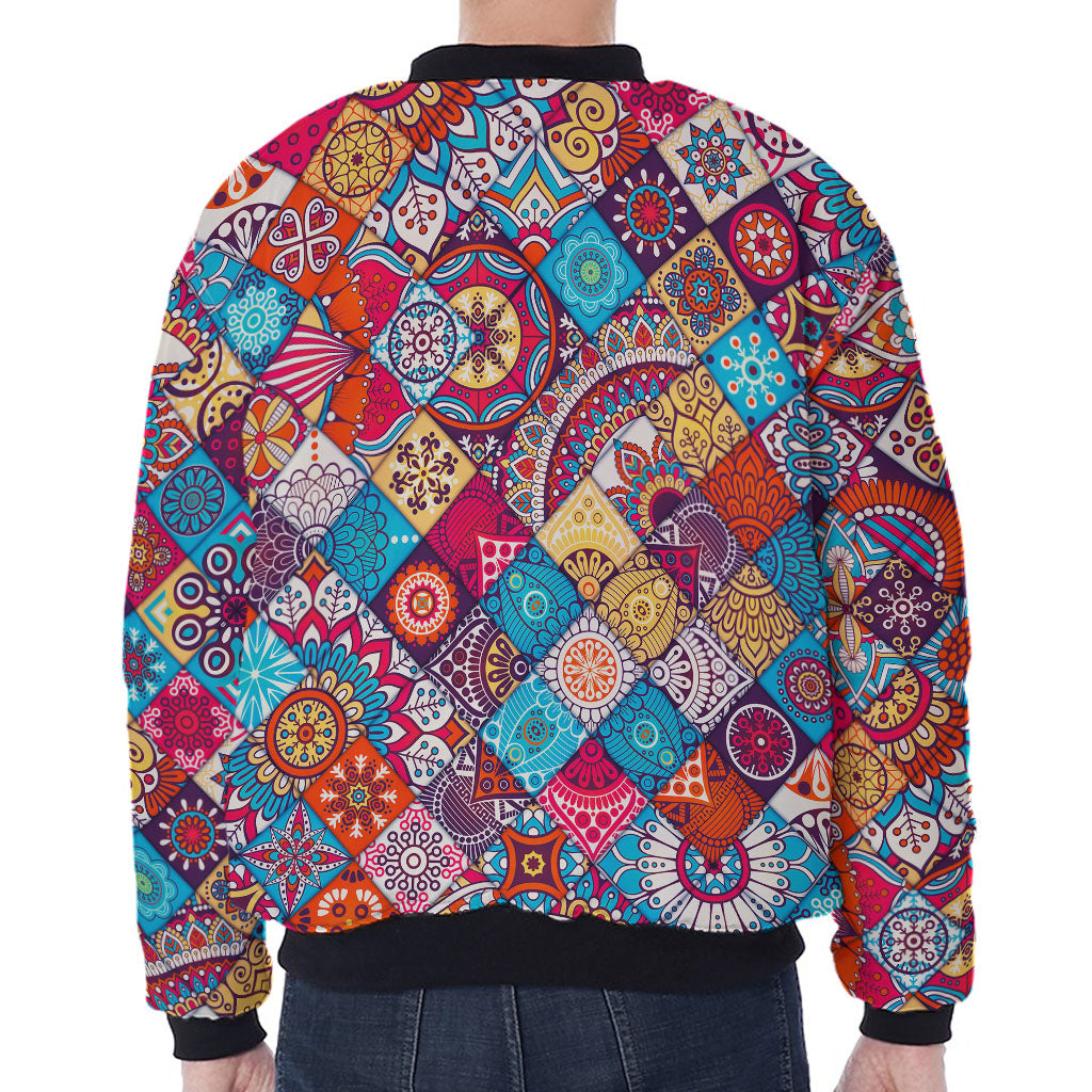 Ethnic Bohemian Mandala Pattern Print Zip Sleeve Bomber Jacket