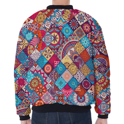 Ethnic Bohemian Mandala Pattern Print Zip Sleeve Bomber Jacket