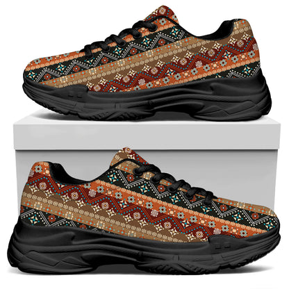 Ethnic Boho Tribal Pattern Print Black Chunky Shoes