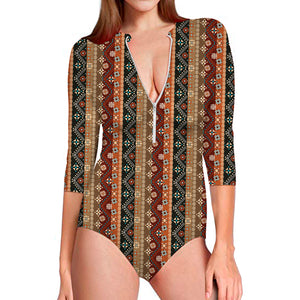 Ethnic Boho Tribal Pattern Print Long Sleeve Swimsuit