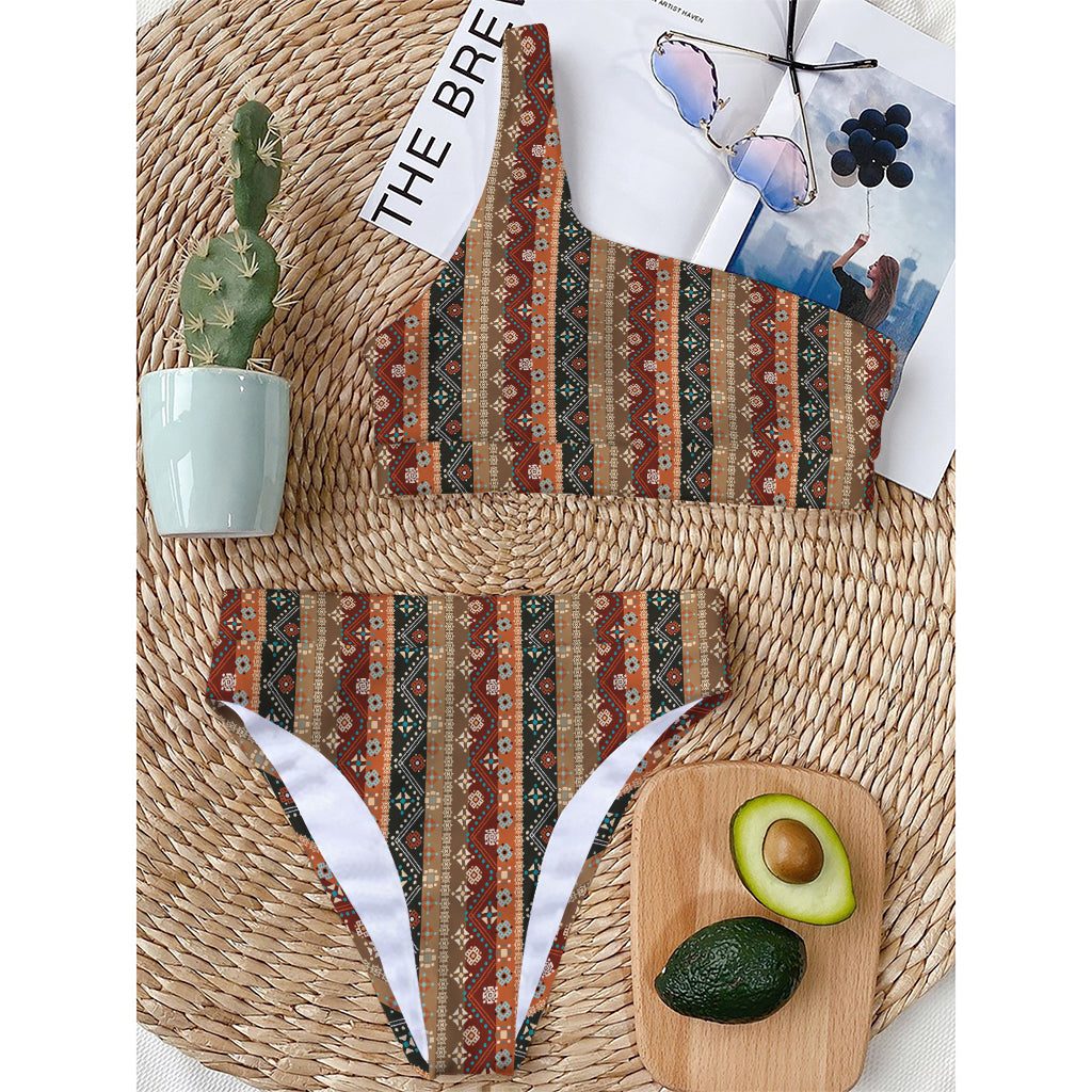 Ethnic Boho Tribal Pattern Print One Shoulder Bikini Top