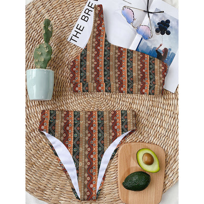 Ethnic Boho Tribal Pattern Print One Shoulder Bikini Top